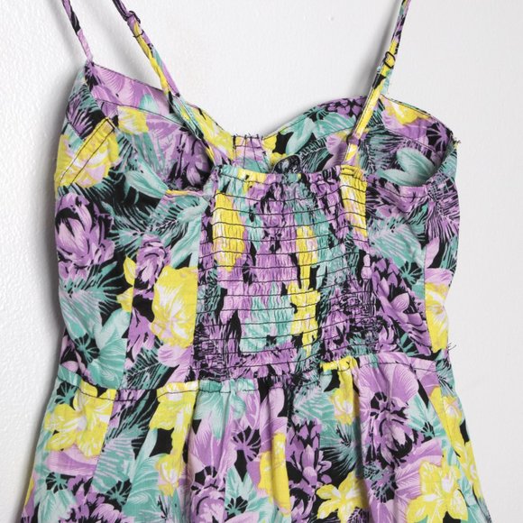 Bluenotes Peplum Sweetheart Floral Blouse Tank Top Smocked Black Purple Blue Y2K - Picture 8 of 9